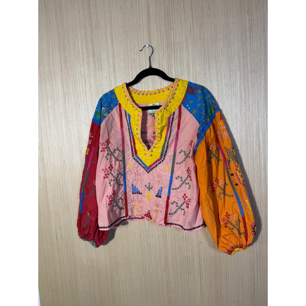 FARM Rio Colorblock Patchwork Embroidered Balloon Sleeve Lace Up Blouse Small